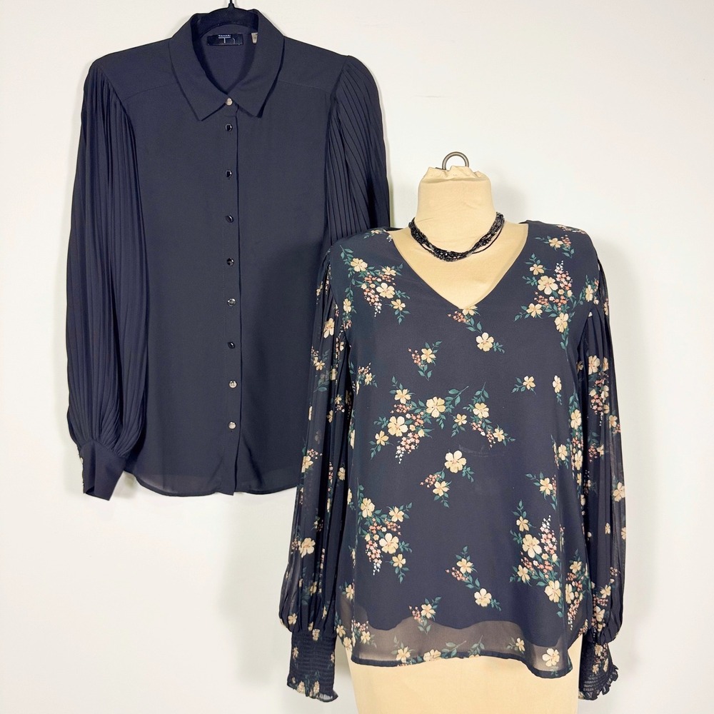 Lot of 2 Pleated Sleeve Blouses S/M Tahari Button Down Entro Floral V-Neck Top
